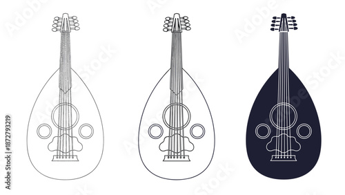 traditional oud musical instrument illustrations show various graphic styles including line art and solid black silhouette.