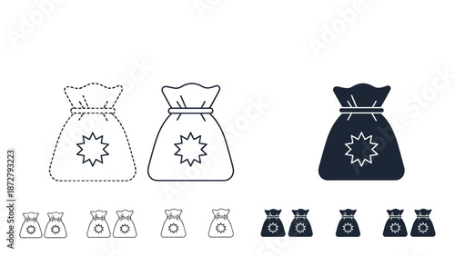 collection of traditional sack icons with a star symbol features various sizes and styles including outline and silhouette.