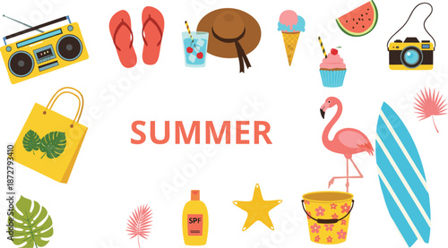 Colorful summer illustration set featuring beach essentials, ice cream, flamingo, surfboard, sunscreen, and vacation lifestyle icons