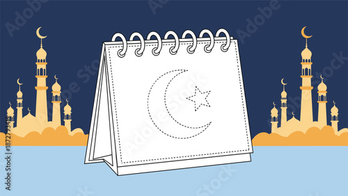 desktop calendar illustration with a crescent moon and star is set against a silhouette of a mosque in various styles.