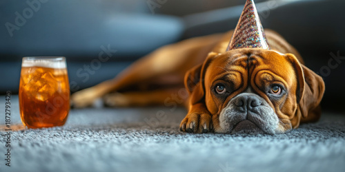 A sad-looking dog wearing a party hat lies beside a glass of iced tea on carpet. Ideal for pet blogs, humor sites, or content on birthdays, celebrations, and canine emotions.

