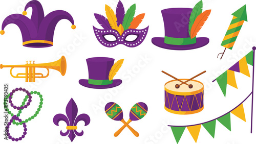 Mardi Gras carnival icons set featuring masks, hats, beads, trumpet, drum, flags, and festive party decorations