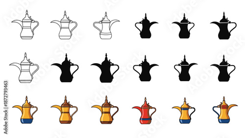 collection of traditional arabic coffee pot illustrations features various styles including line art silhouette and color.