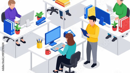 Modern office workspace with employees working on computers and collaborating.