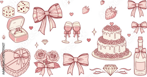 Romantic wedding and love doodle collection with bows, cake, rings, hearts, champagne, strawberries, and elegant decorations