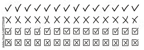 Hand drawn check and cross icons set in circle and square outline checklist marks vector illustration