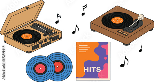 Vintage vinyl record player and turntable illustration set with music notes, albums, and classic analog sound vibes