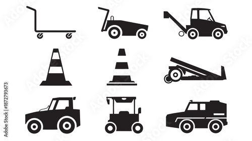 Collection of heavy machinery and equipment silhouettes on a white background