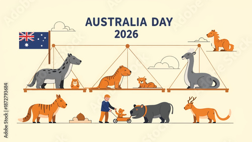 Australia Day 2026 Celebration with Native Animals and Iconic Landmarks.