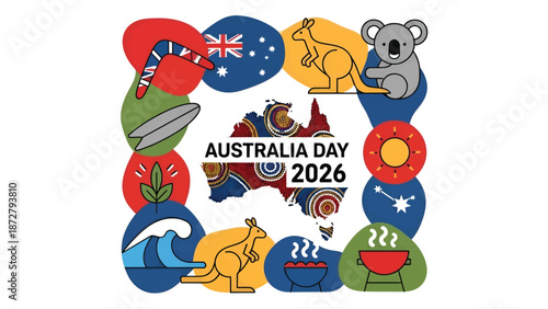 Australia Day 2026 Celebration with Iconic Symbols and Map.