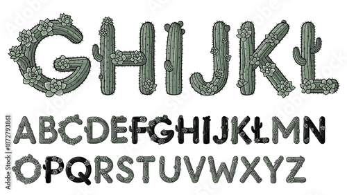 Decorative alphabet letters and numbers created with green cactus plants and succulent details for a botanical themed display.