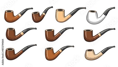 Set of nine classic wooden smoking pipes rendered in different shades of brown and tan with realistic wood grain.