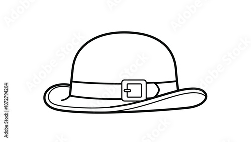 Clean black and white line drawing of a traditional bowler hat featuring a simple band and buckle detail.