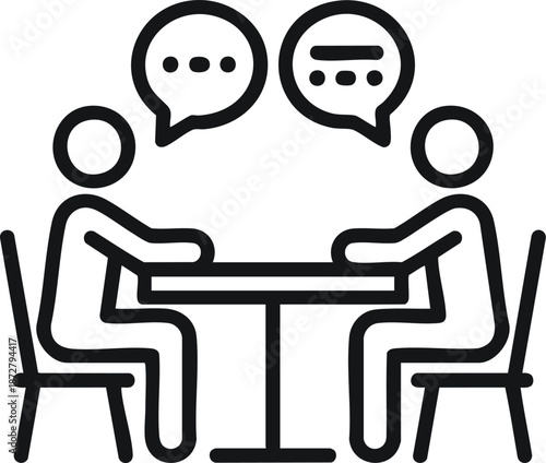 Collaborative Consultation Icon, Business Meeting and Interview Graphic, Peer-to-Peer Professional Dialogue, Line Art of Two Figures with Speech Bubbles at a Table, vector, illustration, silhouette.