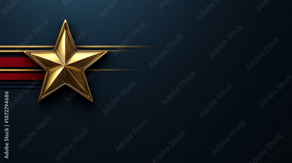 Obraz premium Golden star with red and blue stripes on deep navy — ideal for military tributes, patriotic branding, award ceremonies, and formal design projects symbolizing excellence, honor, and national pride.