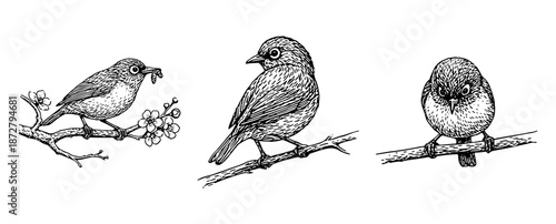 メジロのペン画イラストセット（見つける・狙う・ついばむ）、Pen Illustration Set of Japanese White-eye (Spot · Aim · Peck)