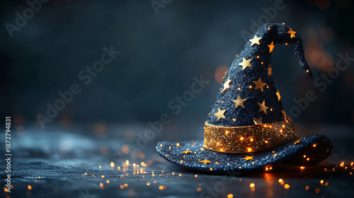 Glowing witch hat with golden stars on dark surface — ideal for Halloween blogs, fantasy sites, magic content, and spooky branding celebrating enchantment, mystery, and seasonal wonder.

