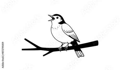 Singing Nightingale Bird on Tree Branch Cartoon Vector Illustration