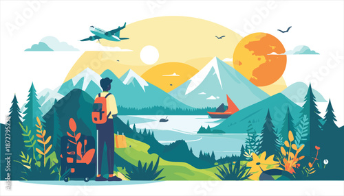 vector hikers exploring scenic mountains landscape