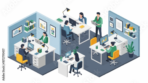 Modern office space with employees working at desks and collaborating.