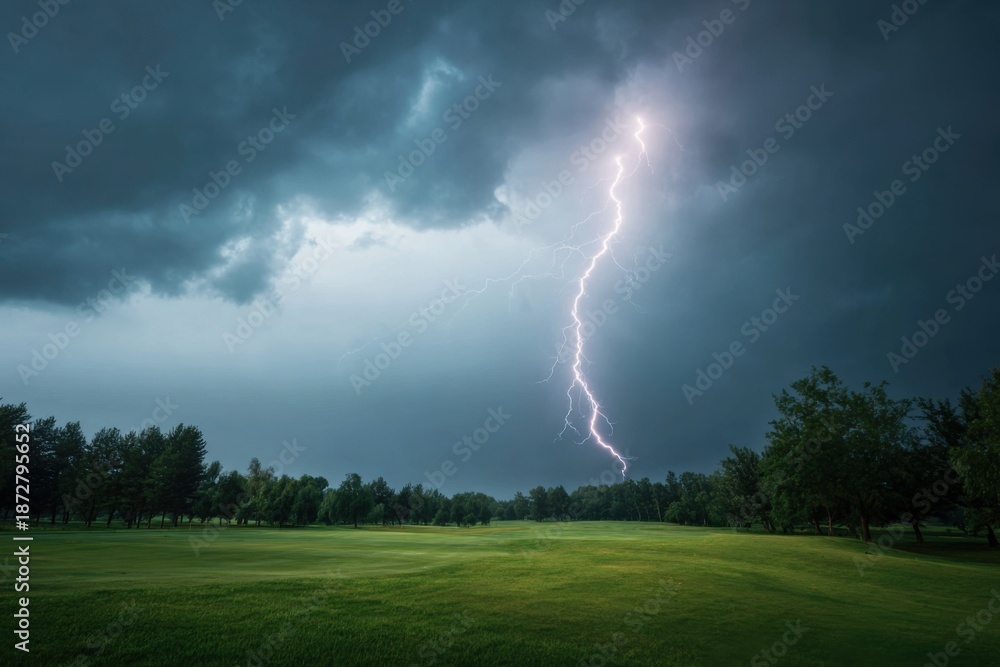 Obraz premium Dramatic lightning bolt strikes down in a stormy sky above a green landscape during a summer evening
