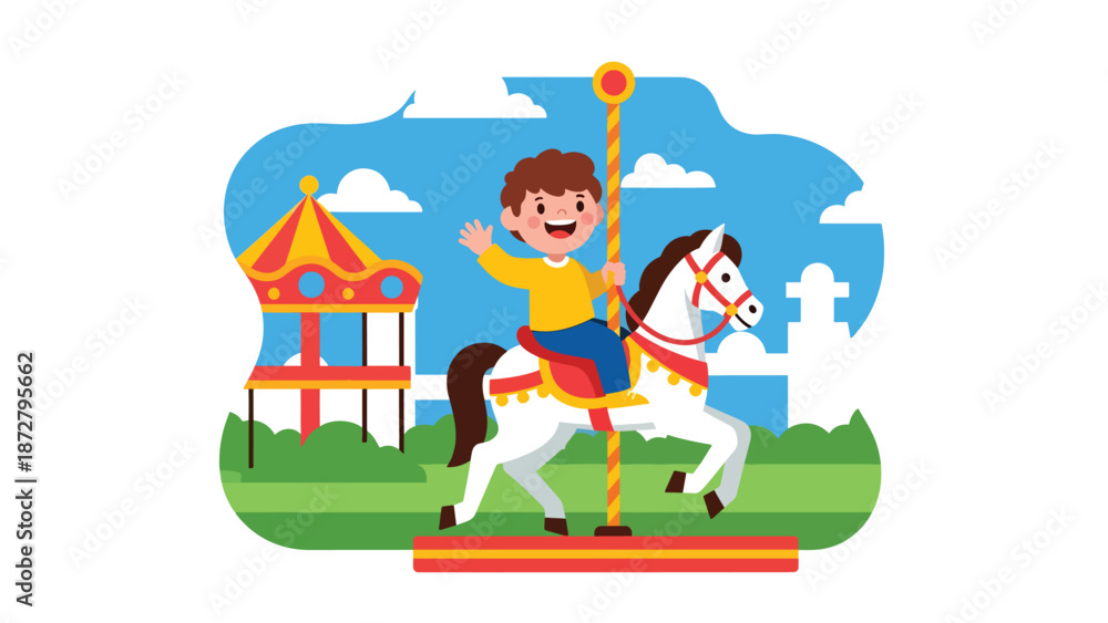 Obraz premium Flat vector illustration of a cheerful kid riding a carousel horse in a theme park plaza with flags, snack kiosk, benches and distant Ferris wheel. Solid colors, no gradients