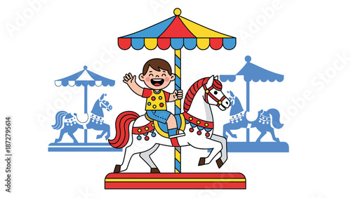 Flat vector illustration of a cheerful kid riding a carousel horse in a theme park plaza with flags, snack kiosk, benches and distant Ferris wheel. Solid colors, no gradients