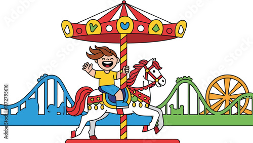 Flat vector illustration of a cheerful kid riding a carousel horse in a theme park plaza with flags, snack kiosk, benches and distant Ferris wheel. Solid colors, no gradients