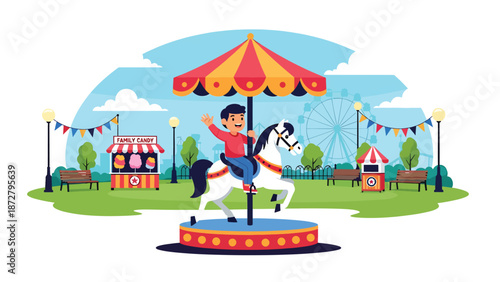 Flat vector illustration of a cheerful kid riding a carousel horse in a theme park plaza with flags, snack kiosk, benches and distant Ferris wheel. Solid colors, no gradients
