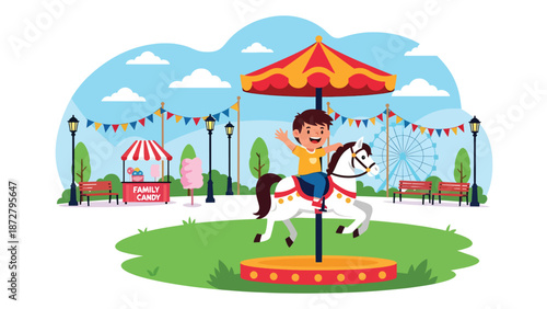 Flat vector illustration of a cheerful kid riding a carousel horse in a theme park plaza with flags, snack kiosk, benches and distant Ferris wheel. Solid colors, no gradients