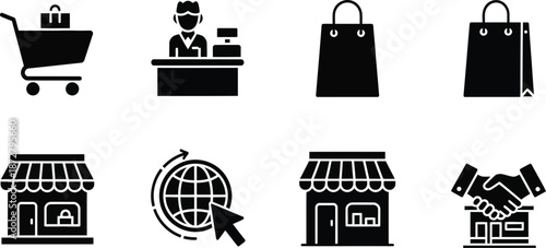 A collection of fifteen outline drawings of shopping carts. The carts have varied designs but are all monochrome. They are on a white background