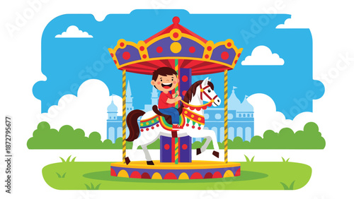 Flat vector illustration of a cheerful kid riding a carousel horse in a theme park plaza with flags, snack kiosk, benches and distant Ferris wheel. Solid colors, no gradients