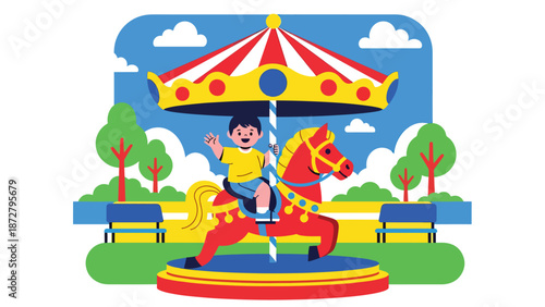 Flat vector illustration of a cheerful kid riding a carousel horse in a theme park plaza with flags, snack kiosk, benches and distant Ferris wheel. Solid colors, no gradients