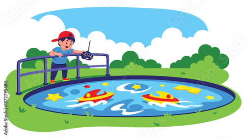 flat vector illustration of two kids racing remote-control boats at a theme park pond with safe railing, small bridge and nautical snack stand. Solid colors, no gradients