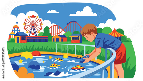 flat vector illustration of two kids racing remote-control boats at a theme park pond with safe railing, small bridge and nautical snack stand. Solid colors, no gradients