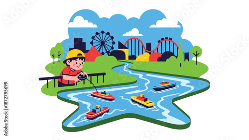 flat vector illustration of two kids racing remote-control boats at a theme park pond with safe railing, small bridge and nautical snack stand. Solid colors, no gradients