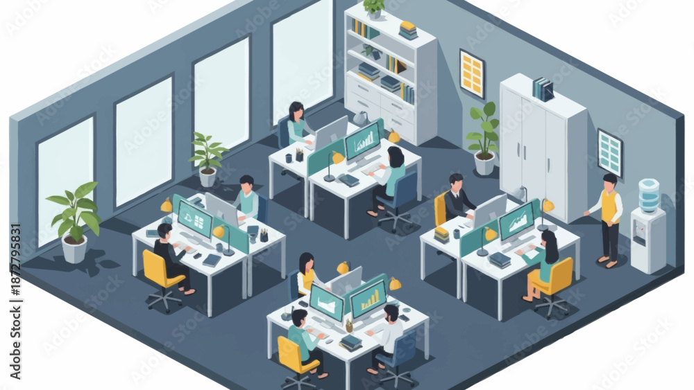 Fototapeta premium Modern office space with employees working at desks and computers.