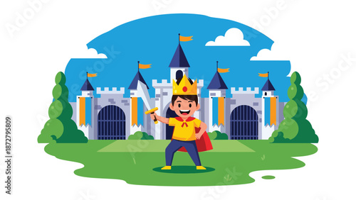 Flat vector illustration of a kid in a paper crown posing at a fantasy castle photo spot with banners, gates and a souvenir cart in the background. Solid colors, no gradients