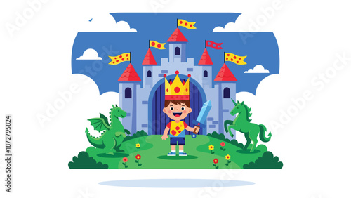 Flat vector illustration of a kid in a paper crown posing at a fantasy castle photo spot with banners, gates and a souvenir cart in the background. Solid colors, no gradients