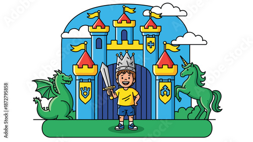 Flat vector illustration of a kid in a paper crown posing at a fantasy castle photo spot with banners, gates and a souvenir cart in the background. Solid colors, no gradients