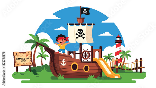 Flat vector illustration of a kid steering a pirate ship playground wheel with palm trees, rope bridge, treasure map sign and lighthouse scenery. Solid colors, no gradients