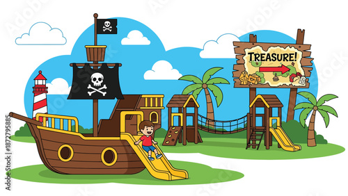 Flat vector illustration of a kid steering a pirate ship playground wheel with palm trees, rope bridge, treasure map sign and lighthouse scenery. Solid colors, no gradients