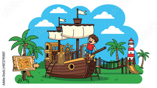 Flat vector illustration of a kid steering a pirate ship playground wheel with palm trees, rope bridge, treasure map sign and lighthouse scenery. Solid colors, no gradients