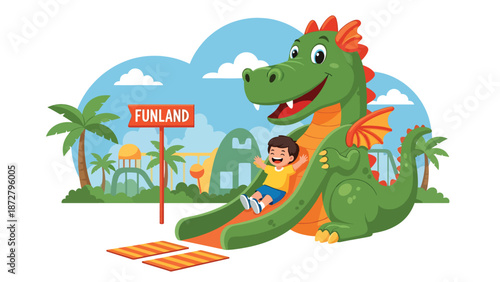 Flat vector illustration of a smiling kid sliding down a friendly dragon slide in a play zone with safety mats, soft-play shapes and clear signage. Solid colors, no gradients