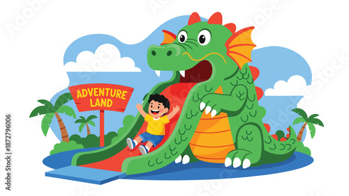 Flat vector illustration of a smiling kid sliding down a friendly dragon slide in a play zone with safety mats, soft-play shapes and clear signage. Solid colors, no gradients