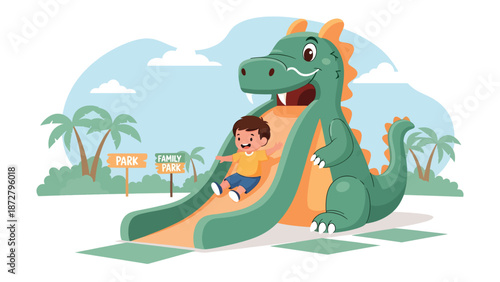 Flat vector illustration of a smiling kid sliding down a friendly dragon slide in a play zone with safety mats, soft-play shapes and clear signage. Solid colors, no gradients