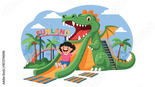 Flat vector illustration of a smiling kid sliding down a friendly dragon slide in a play zone with safety mats, soft-play shapes and clear signage. Solid colors, no gradients