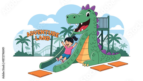Flat vector illustration of a smiling kid sliding down a friendly dragon slide in a play zone with safety mats, soft-play shapes and clear signage. Solid colors, no gradients