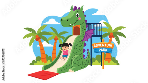 Flat vector illustration of a smiling kid sliding down a friendly dragon slide in a play zone with safety mats, soft-play shapes and clear signage. Solid colors, no gradients