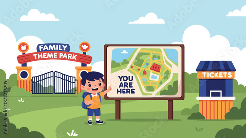 Flat vector illustration of a kid with backpack studying a park map at a "you are here" board on the entrance walkway with ticket booth and direction signs. Solid colors, no gradients